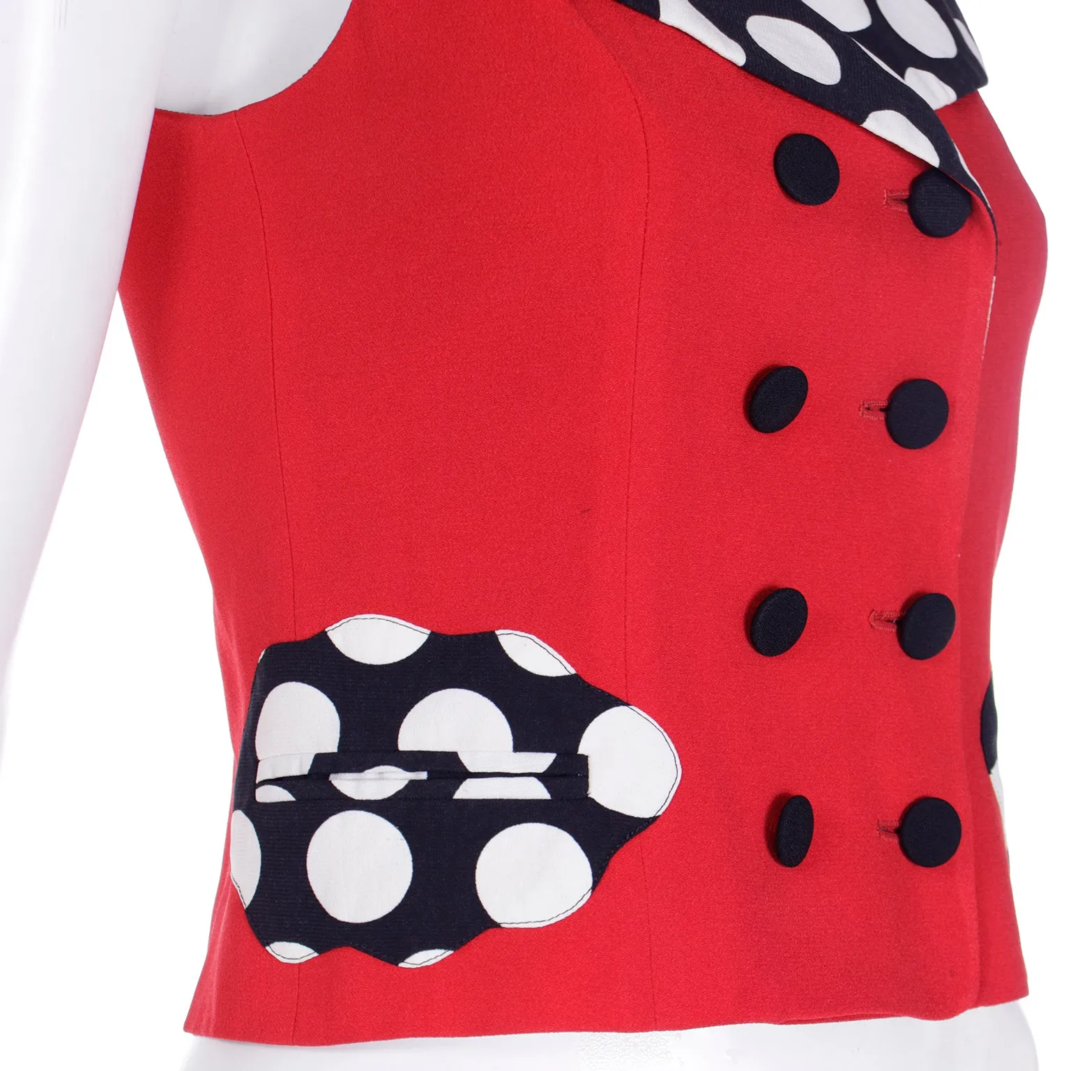 1990s Franco Moschino Red Vest w Black & White Polka Dots