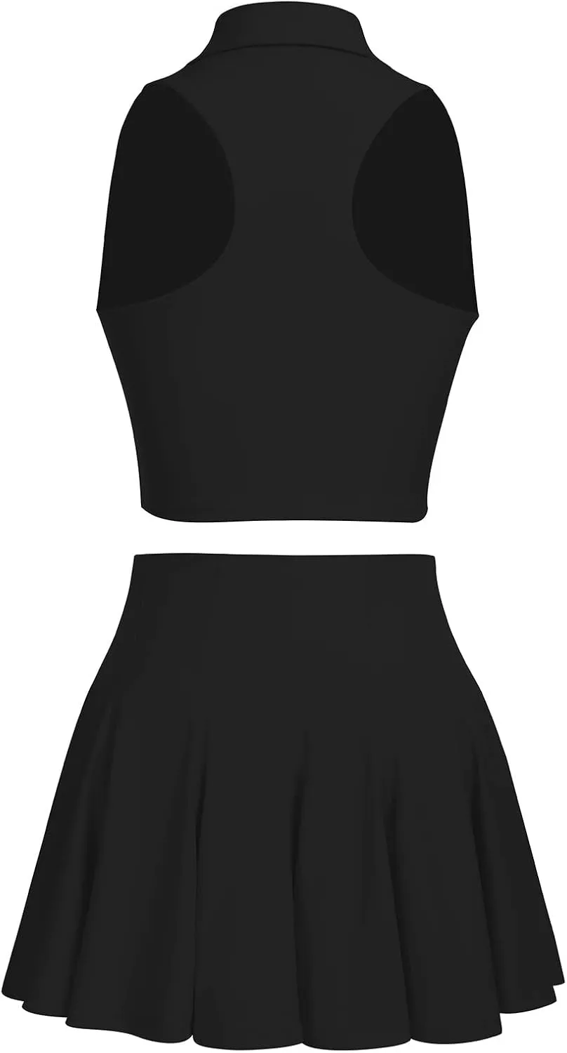 2 Piece Tennis Dress for Women Pleated Tennis Skirt Sleeveless Racerback Padded Crop Top Golf Workout Outfits