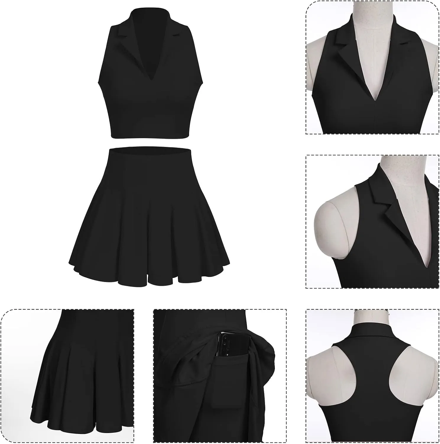 2 Piece Tennis Dress for Women Pleated Tennis Skirt Sleeveless Racerback Padded Crop Top Golf Workout Outfits