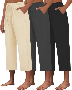3 PACK Womens Capri Pants Loose Yoga Pants Wide Leg Drawstring Comfy Lounge Pajama Capris Loose Sweatpants with Pocket