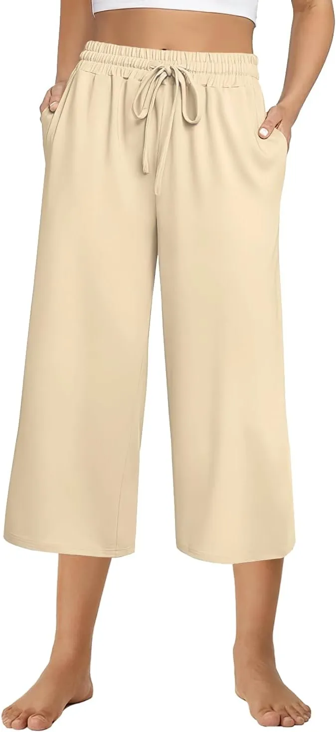 3 PACK Womens Capri Pants Loose Yoga Pants Wide Leg Drawstring Comfy Lounge Pajama Capris Loose Sweatpants with Pocket