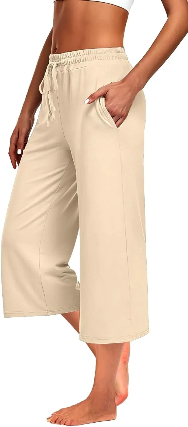 3 PACK Womens Capri Pants Loose Yoga Pants Wide Leg Drawstring Comfy Lounge Pajama Capris Loose Sweatpants with Pocket