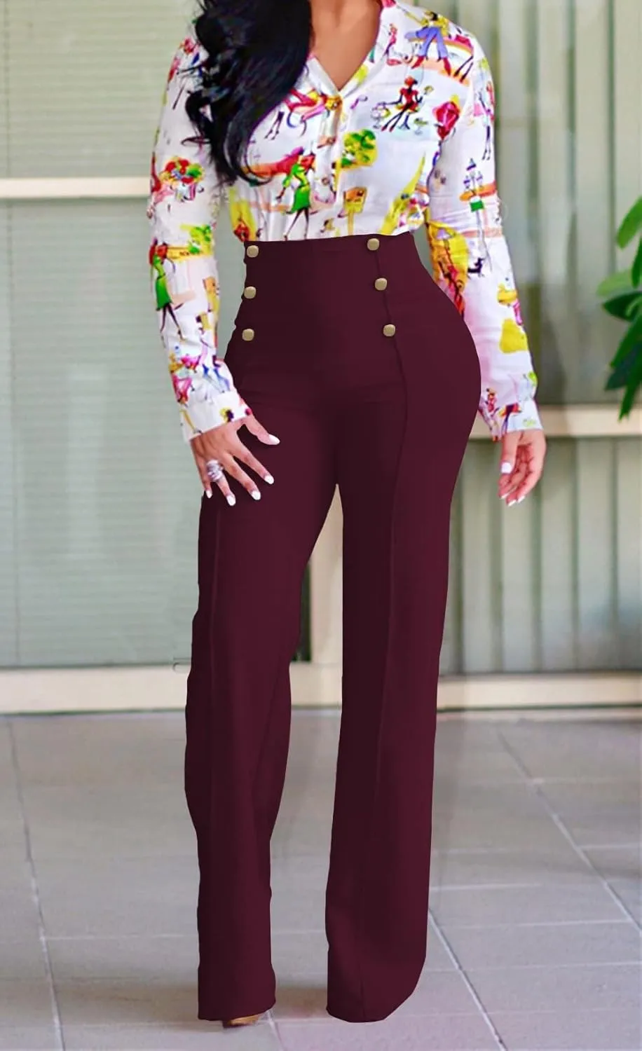 A ADILACA Women's 6-Button Trousers, Casual Work Office Basic Flare Dress Pants, High Waist Straight-Leg Long Pants