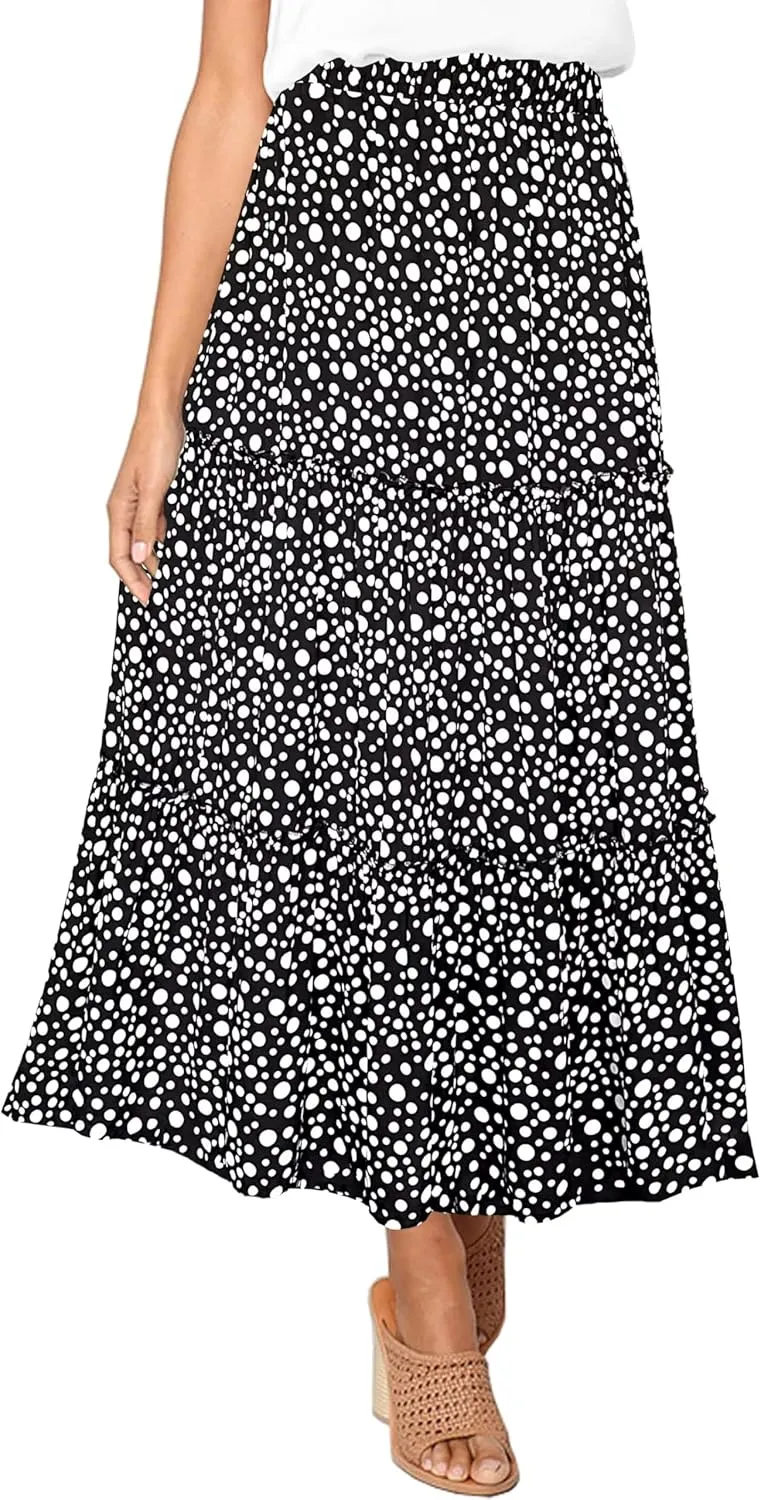 Afibi Womens High Waist A Line Ruffle Swing Long Maxi Skirt with Pockets