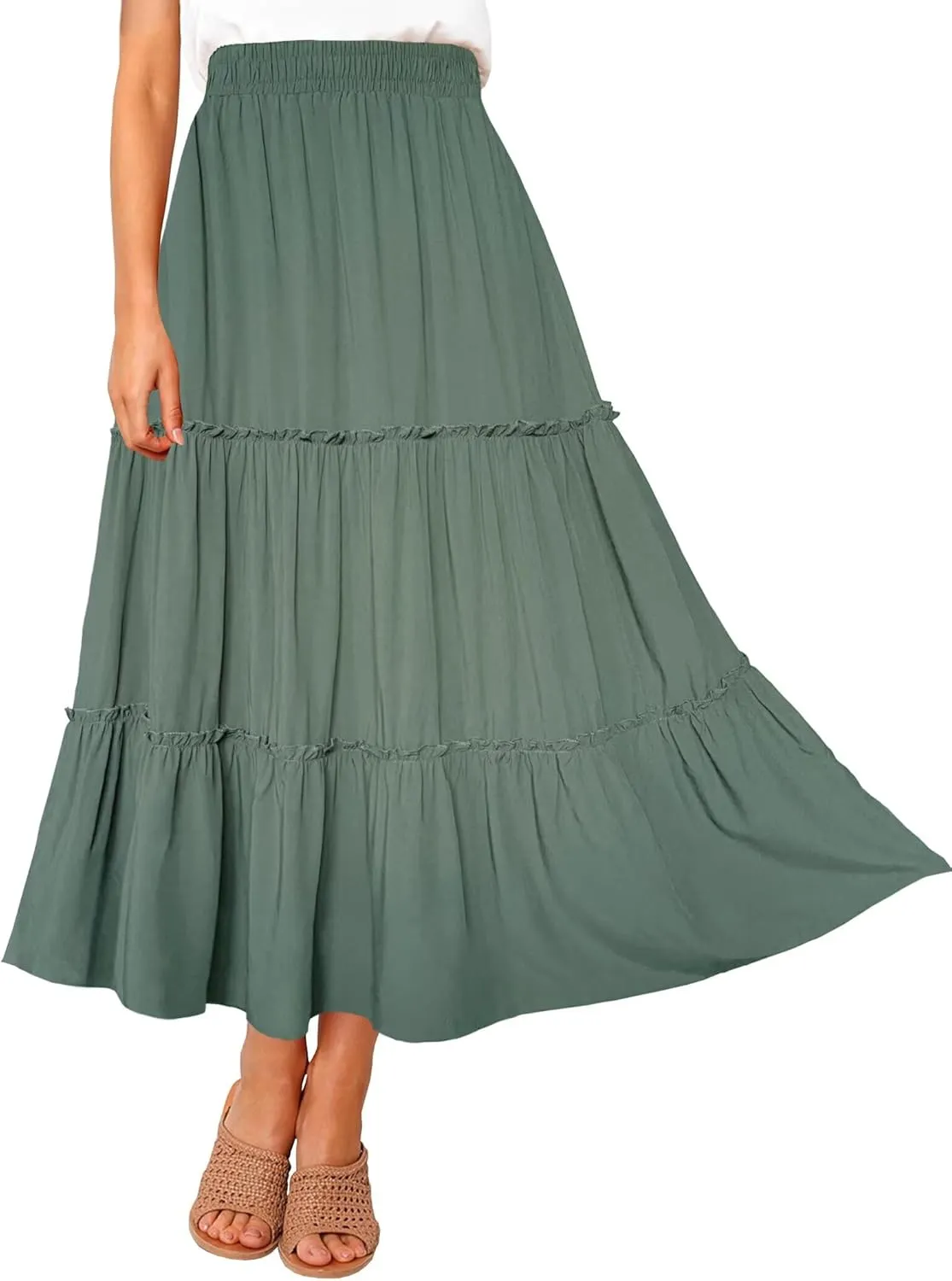 Afibi Womens High Waist A Line Ruffle Swing Long Maxi Skirt with Pockets