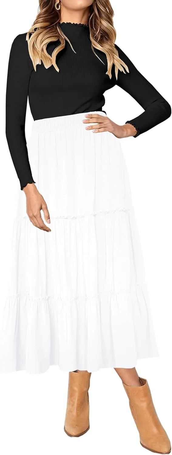 Afibi Womens High Waist A Line Ruffle Swing Long Maxi Skirt with Pockets