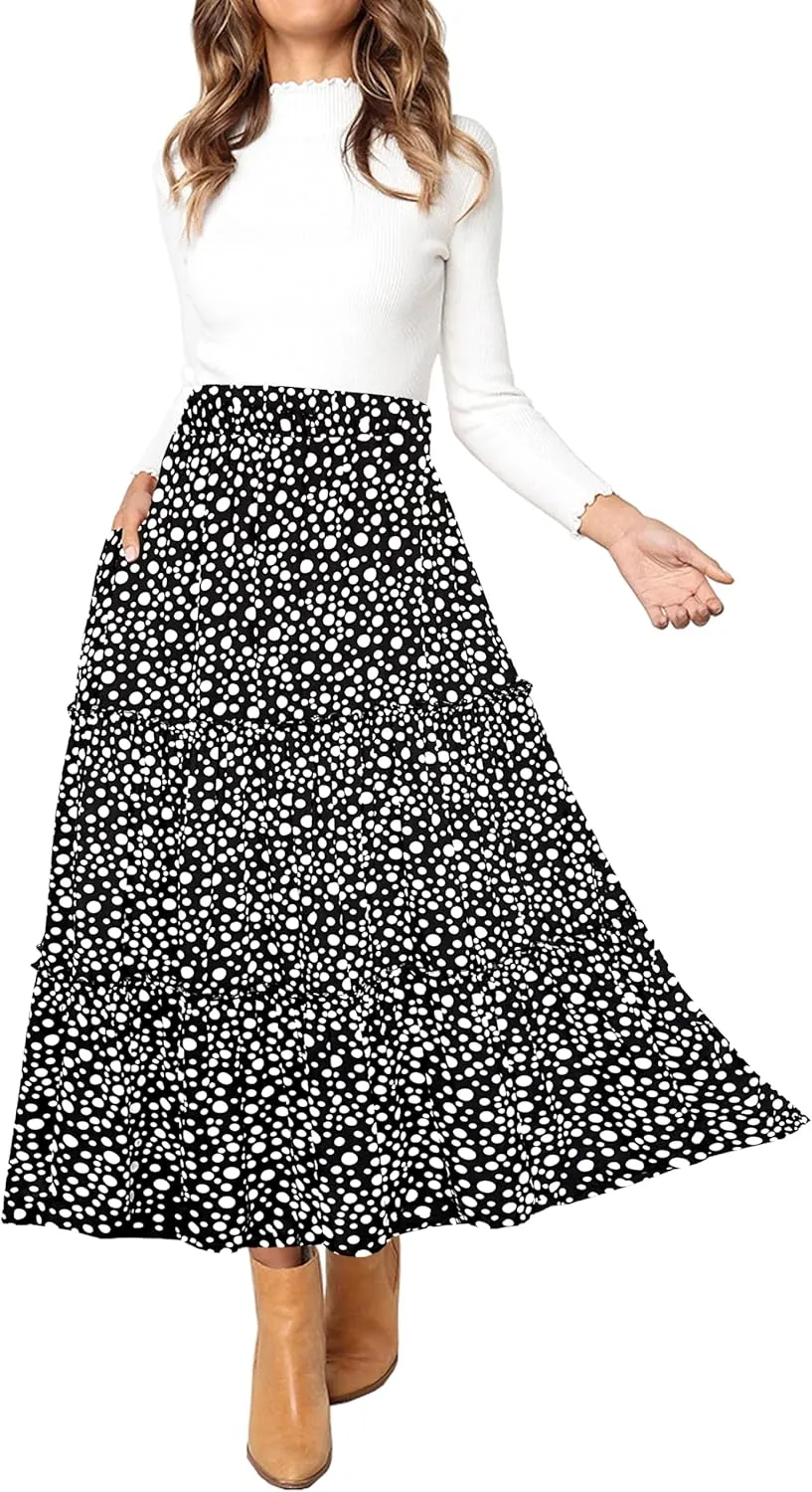 Afibi Womens High Waist A Line Ruffle Swing Long Maxi Skirt with Pockets