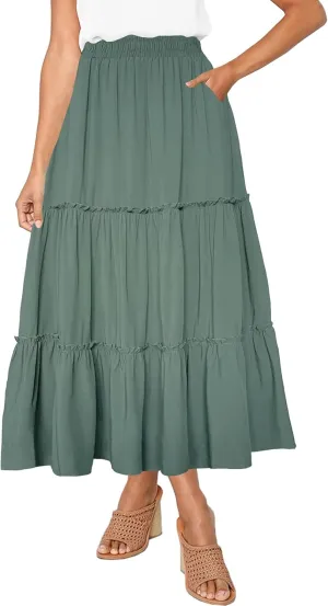 Afibi Womens High Waist A Line Ruffle Swing Long Maxi Skirt with Pockets