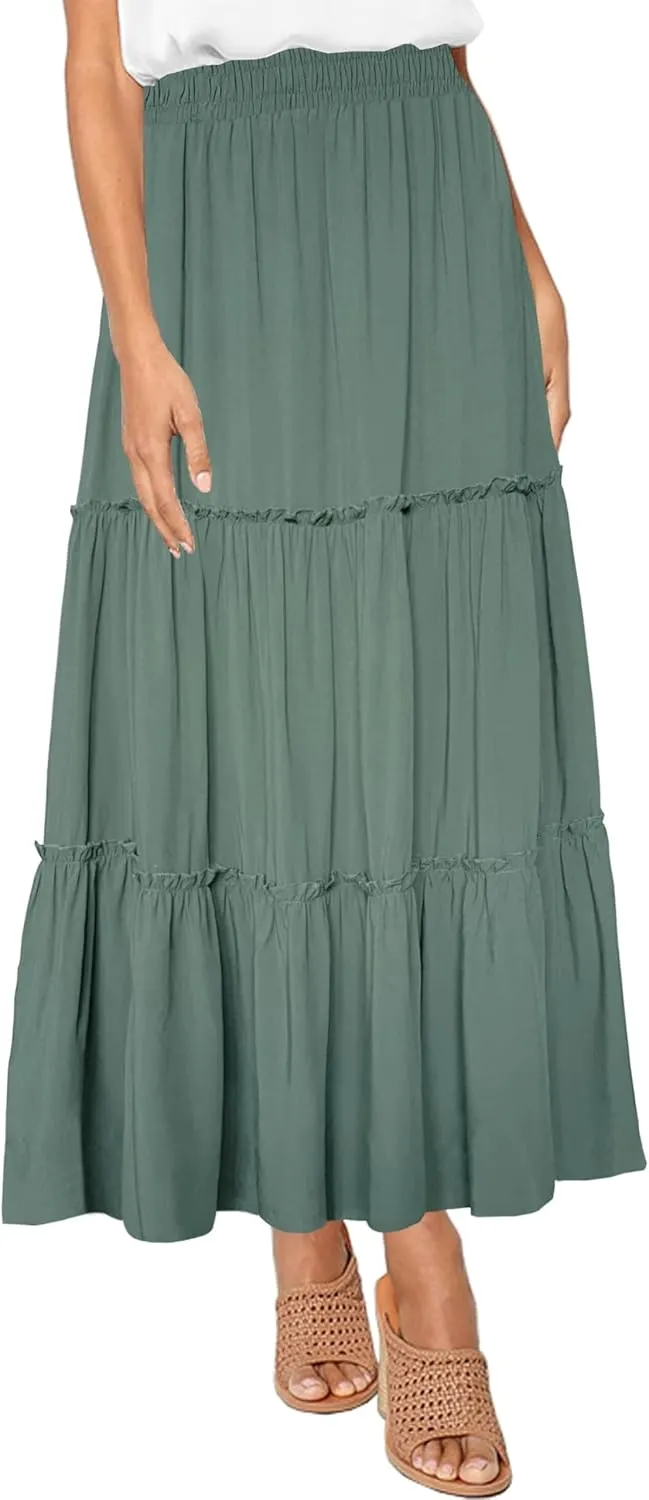 Afibi Womens High Waist A Line Ruffle Swing Long Maxi Skirt with Pockets