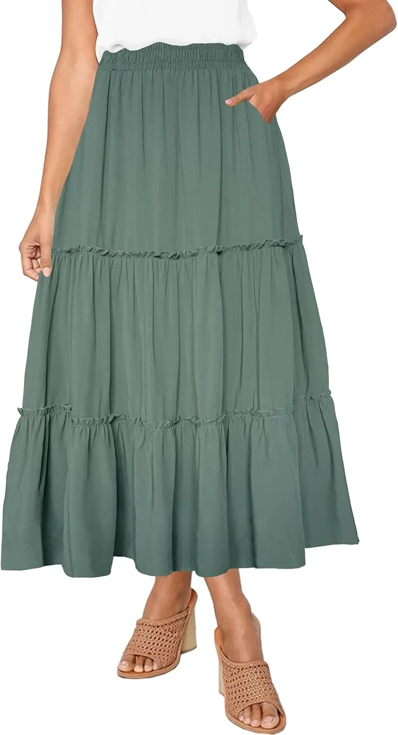 Afibi Womens High Waist A Line Ruffle Swing Long Maxi Skirt with Pockets