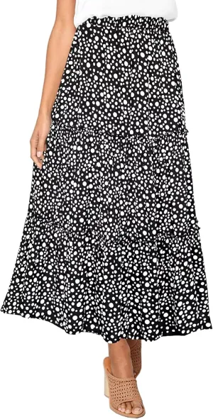Afibi Womens High Waist A Line Ruffle Swing Long Maxi Skirt with Pockets
