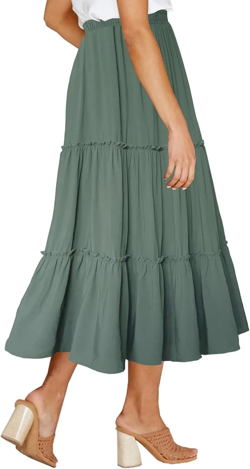 Afibi Womens High Waist A Line Ruffle Swing Long Maxi Skirt with Pockets