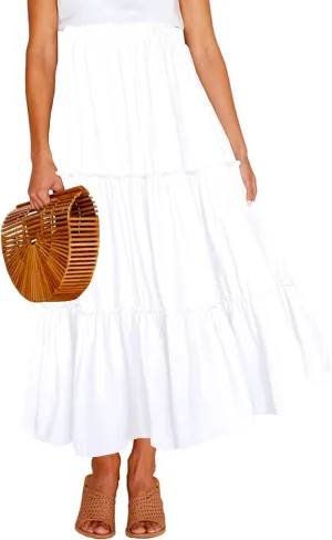Afibi Womens High Waist A Line Ruffle Swing Long Maxi Skirt with Pockets