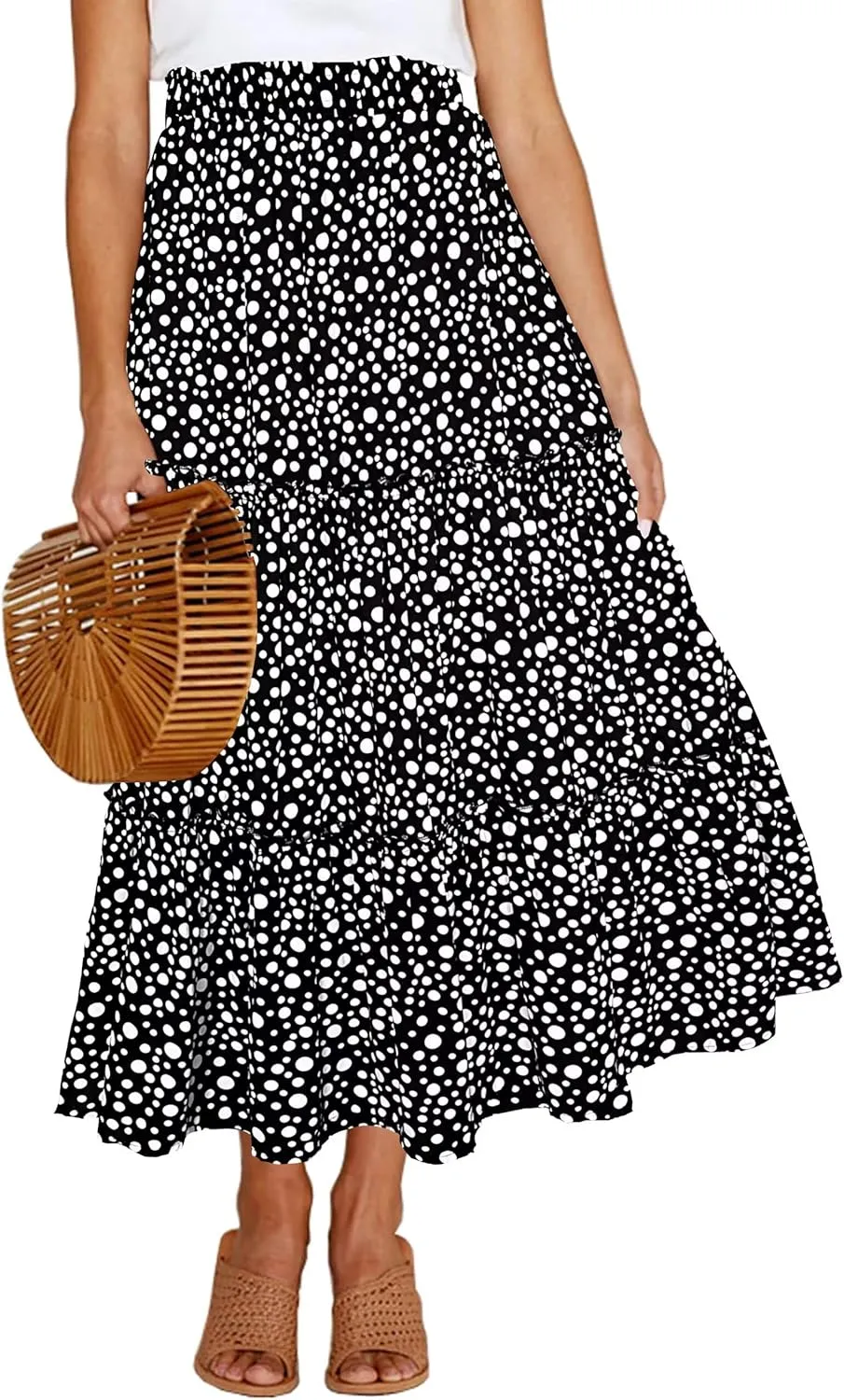 Afibi Womens High Waist A Line Ruffle Swing Long Maxi Skirt with Pockets