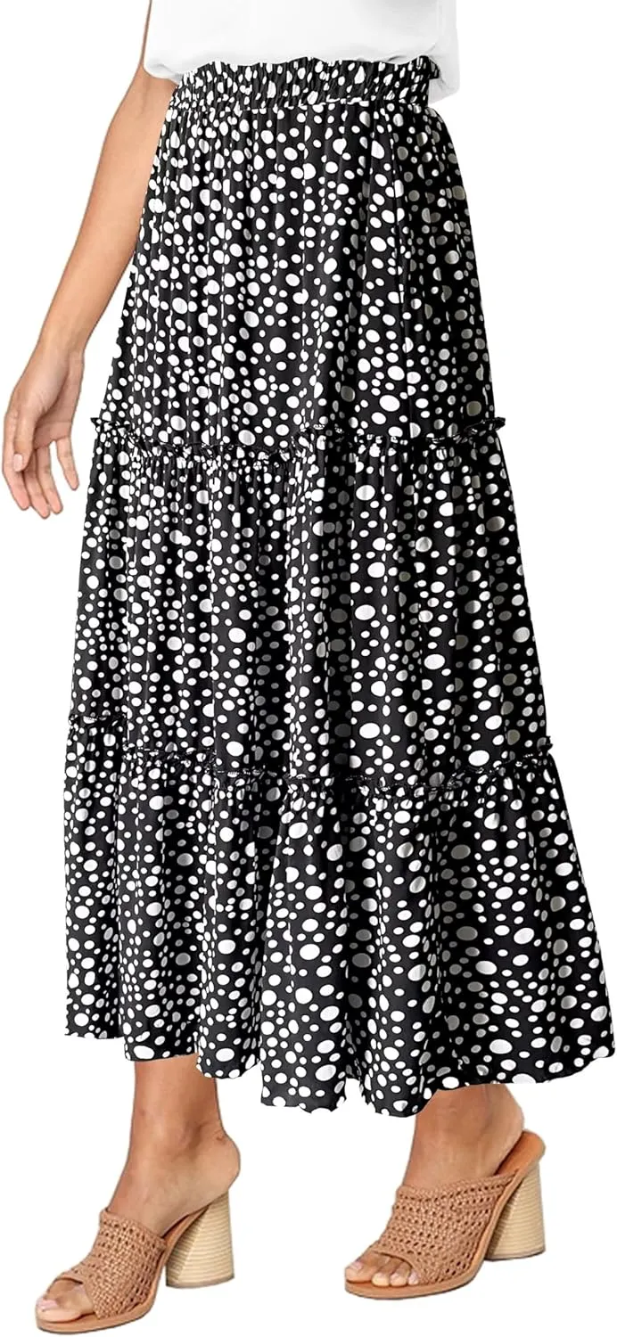 Afibi Womens High Waist A Line Ruffle Swing Long Maxi Skirt with Pockets