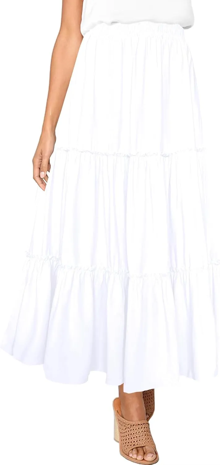 Afibi Womens High Waist A Line Ruffle Swing Long Maxi Skirt with Pockets