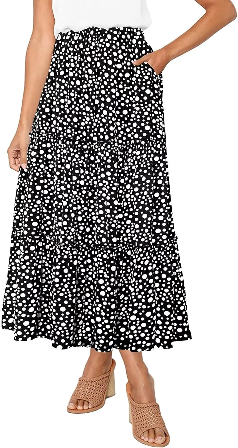 Afibi Womens High Waist A Line Ruffle Swing Long Maxi Skirt with Pockets