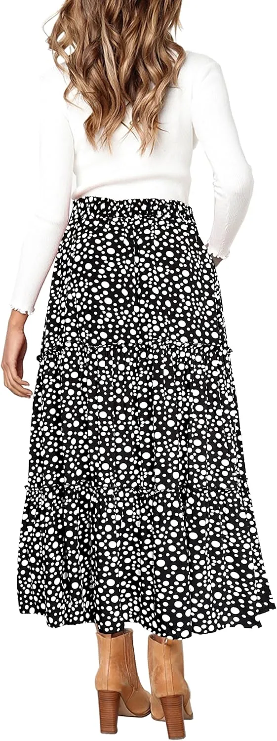 Afibi Womens High Waist A Line Ruffle Swing Long Maxi Skirt with Pockets