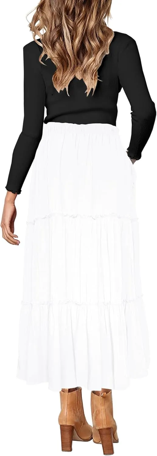Afibi Womens High Waist A Line Ruffle Swing Long Maxi Skirt with Pockets