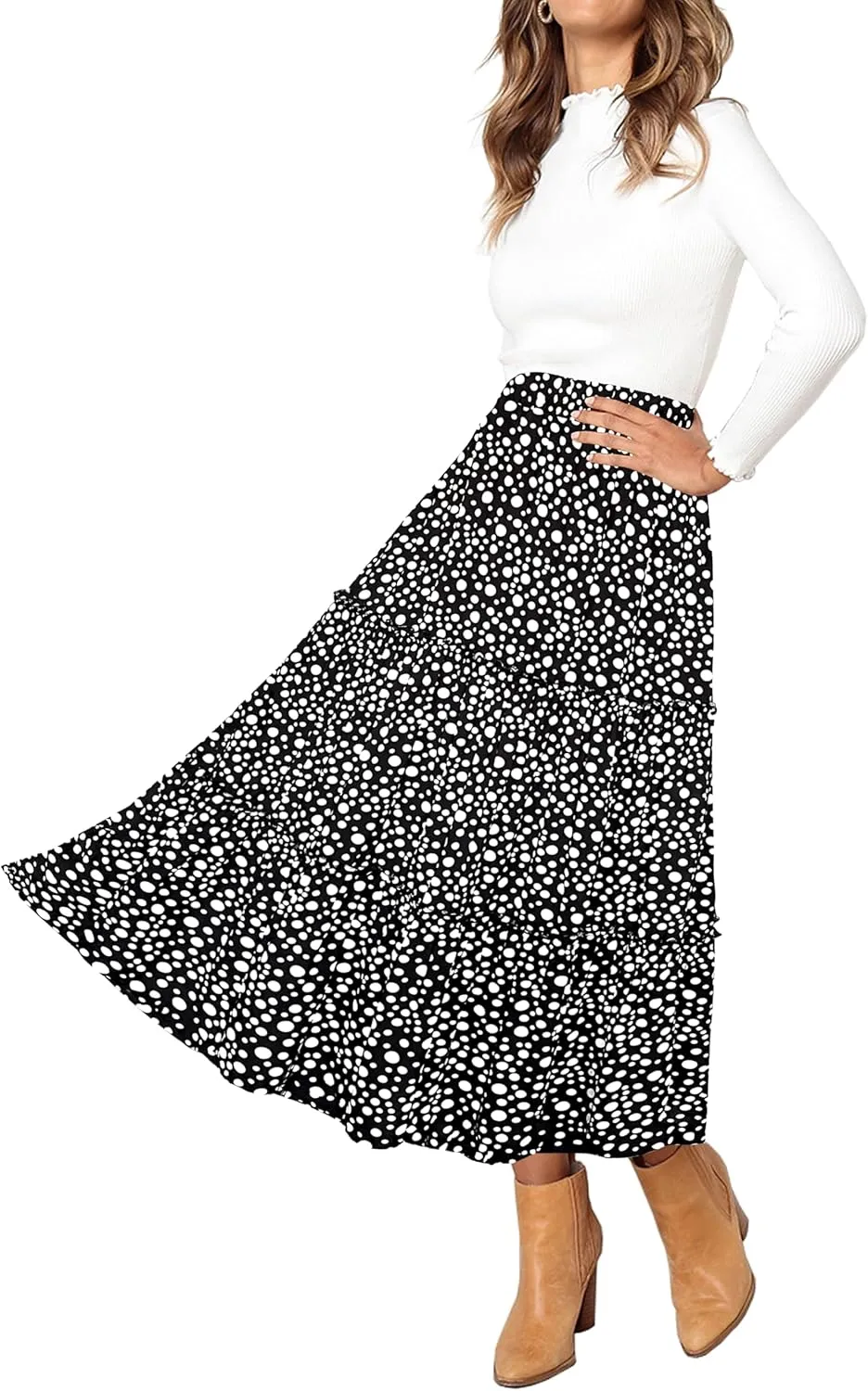 Afibi Womens High Waist A Line Ruffle Swing Long Maxi Skirt with Pockets
