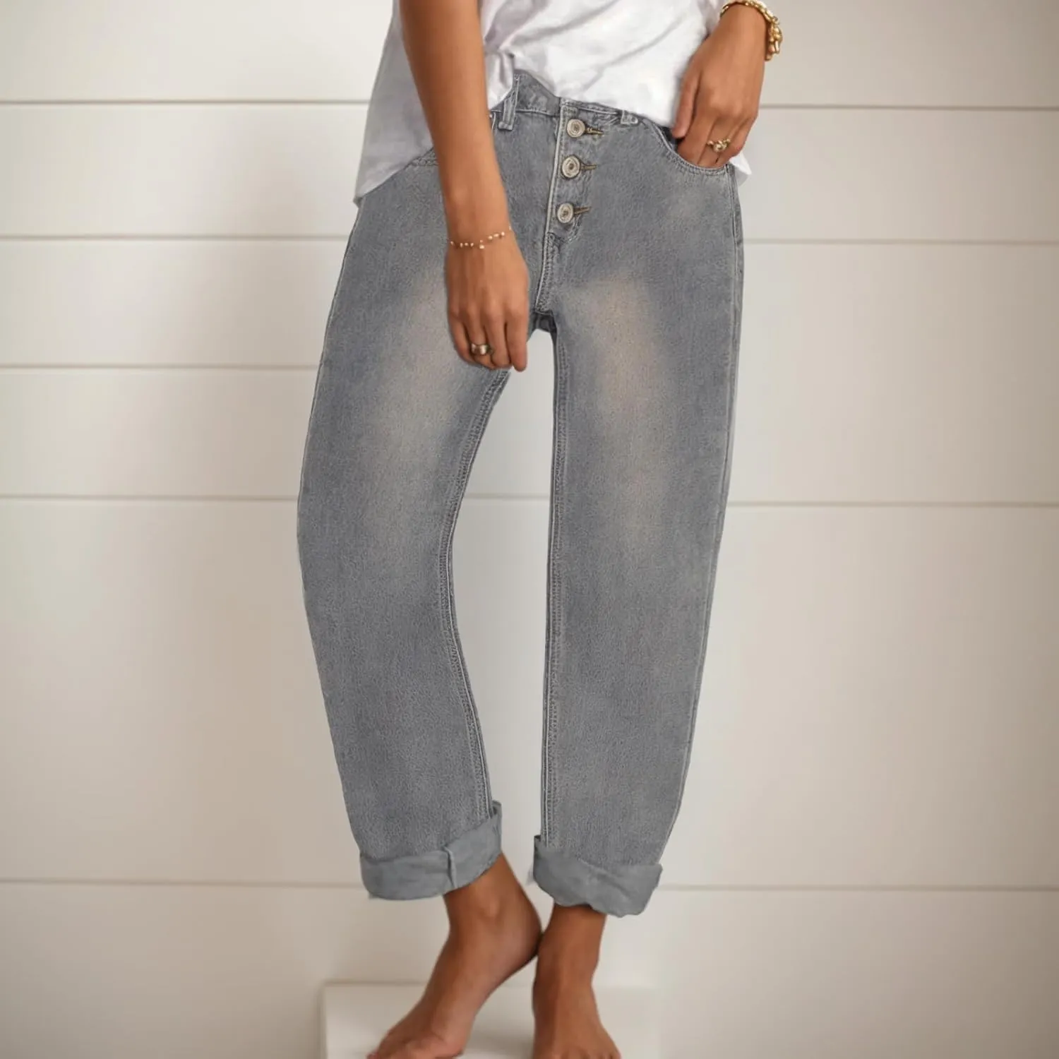 Akivide Women's Baggy Ankle Jeans Casual Loose Straight Leg Button Boyfriend Cropped Cute Denim Pants