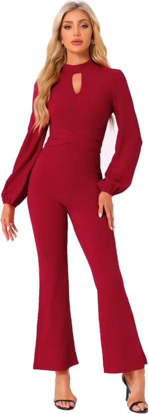 Allegra K Dressy Jumpsuits for Women's Long Sleeve High Waist Elegant Party Bell Bottom Pants Jumpsuit