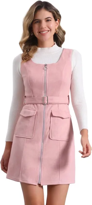 Allegra K Overall Dress for Women's Square Neck Zipper Front Belted Pinafore Faux Suede Mini Dresses