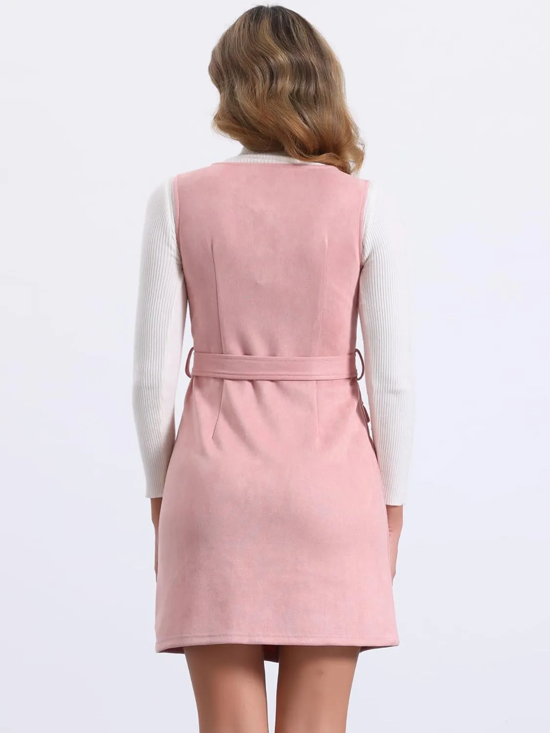 Allegra K Overall Dress for Women's Square Neck Zipper Front Belted Pinafore Faux Suede Mini Dresses