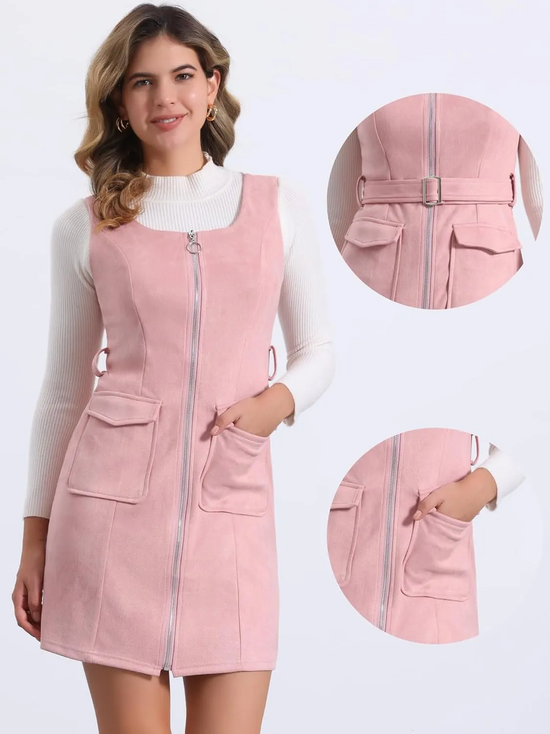 Allegra K Overall Dress for Women's Square Neck Zipper Front Belted Pinafore Faux Suede Mini Dresses