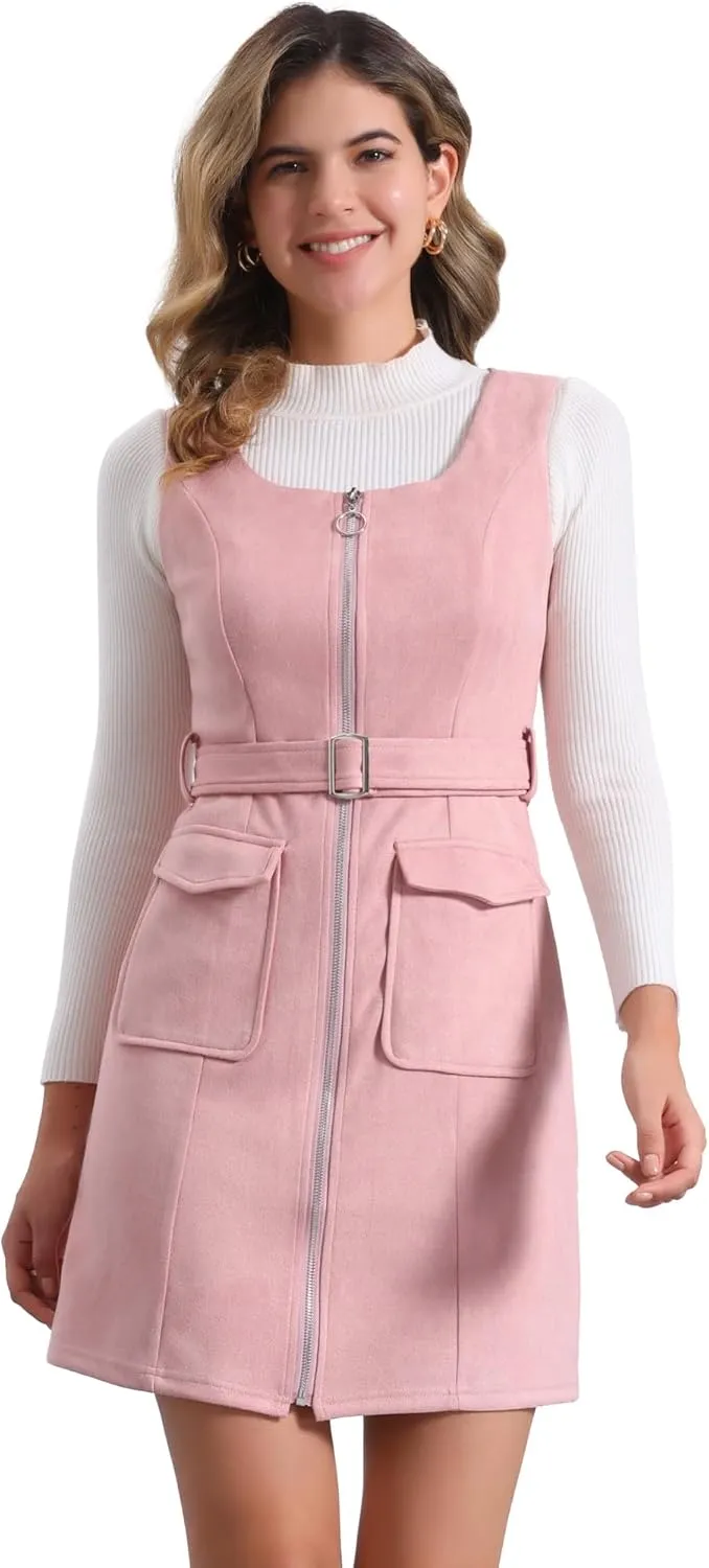 Allegra K Overall Dress for Women's Square Neck Zipper Front Belted Pinafore Faux Suede Mini Dresses