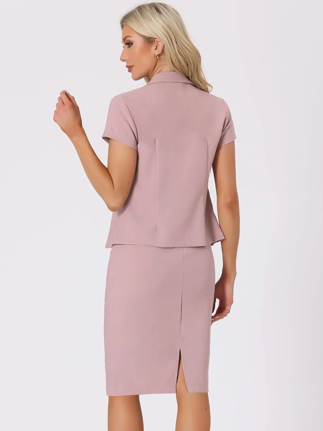 Allegra K Women's Business Skirt Suit Set Work Office Short Sleeve Blazer Jacket Pencil Skirt