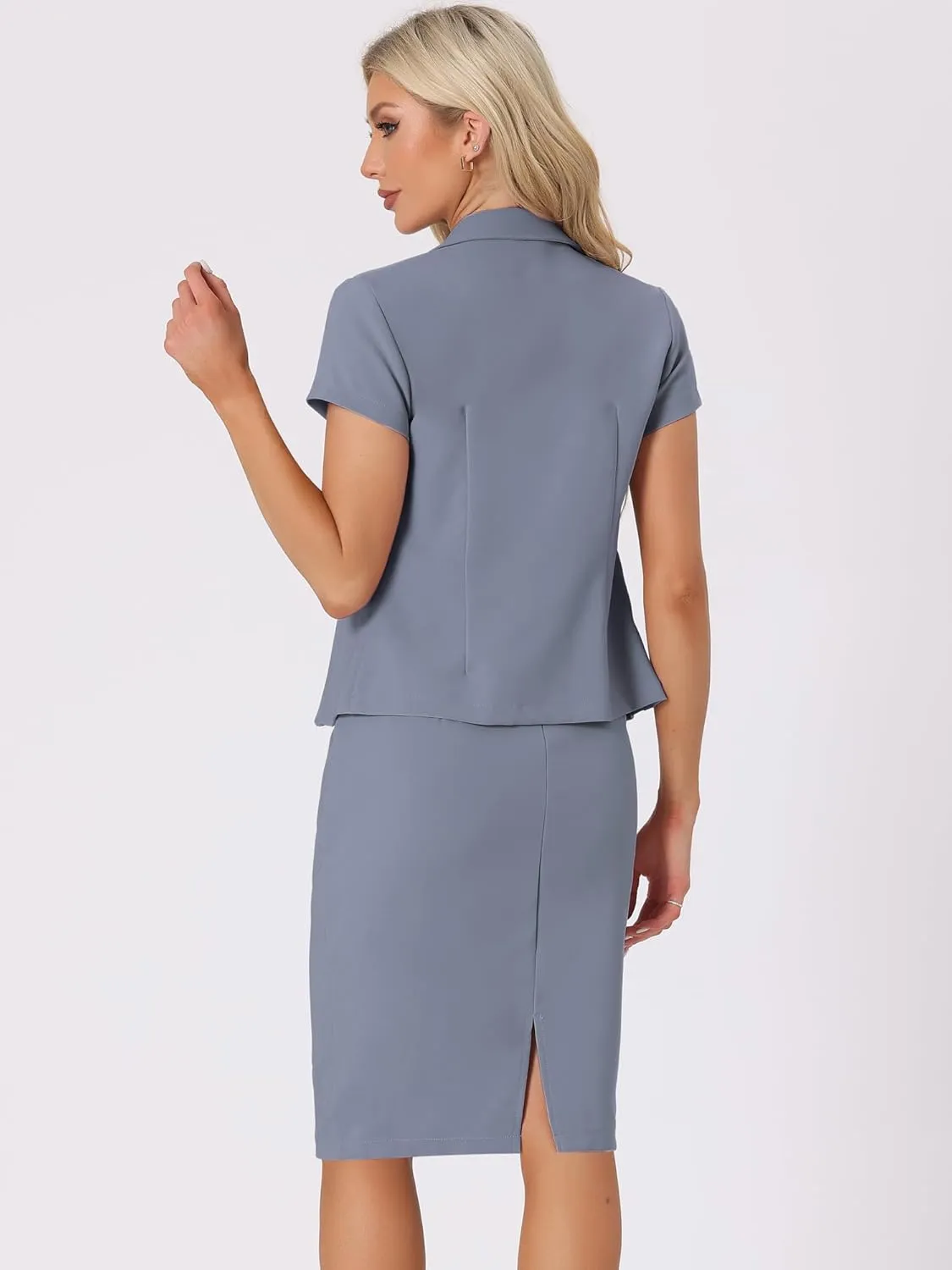 Allegra K Women's Business Skirt Suit Set Work Office Short Sleeve Blazer Jacket Pencil Skirt