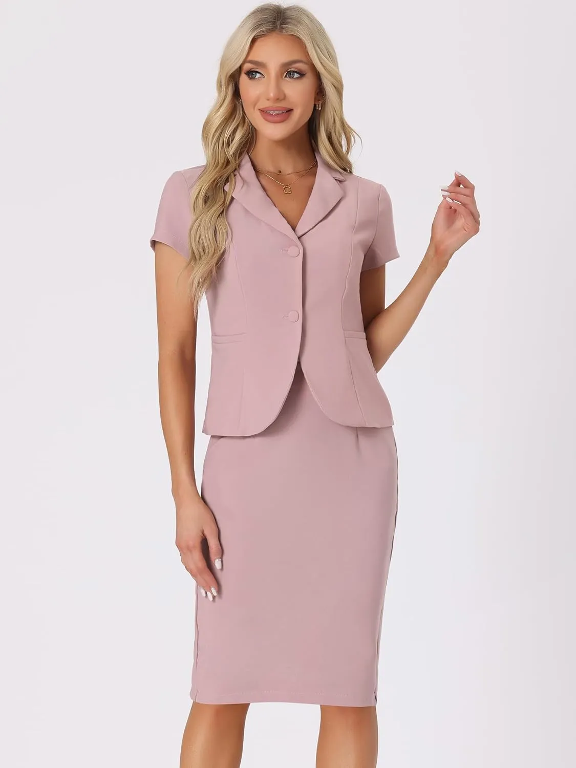 Allegra K Women's Business Skirt Suit Set Work Office Short Sleeve Blazer Jacket Pencil Skirt
