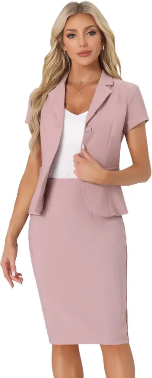 Allegra K Women's Business Skirt Suit Set Work Office Short Sleeve Blazer Jacket Pencil Skirt