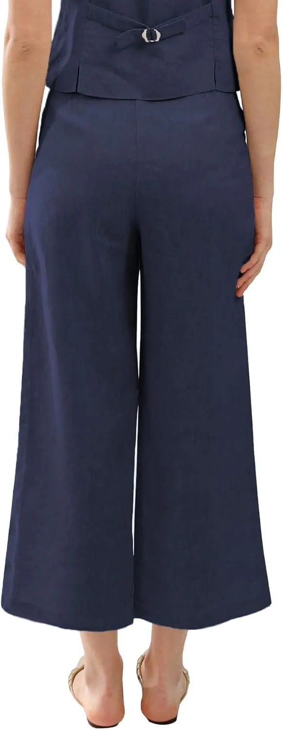 Amazhiyu Women's Linen Ankle Pants Pleated Front Wide Leg Straight Cropped Trouser