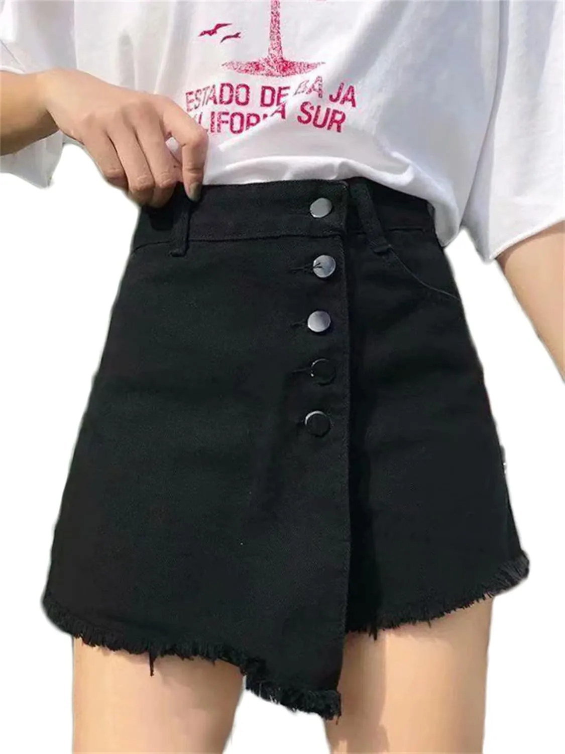 Andongnywell Women's High Waisted Button Front Denim Skort Asymmetrical Hem Skirt Shorts Adjustable Fork