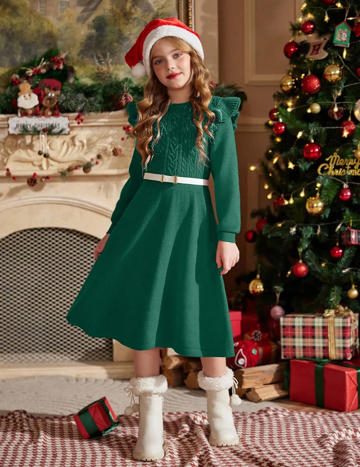 Arshiner Girls Sweater Dress Fall Winter Lantern Long Sleeve Cable Midi Dresses
