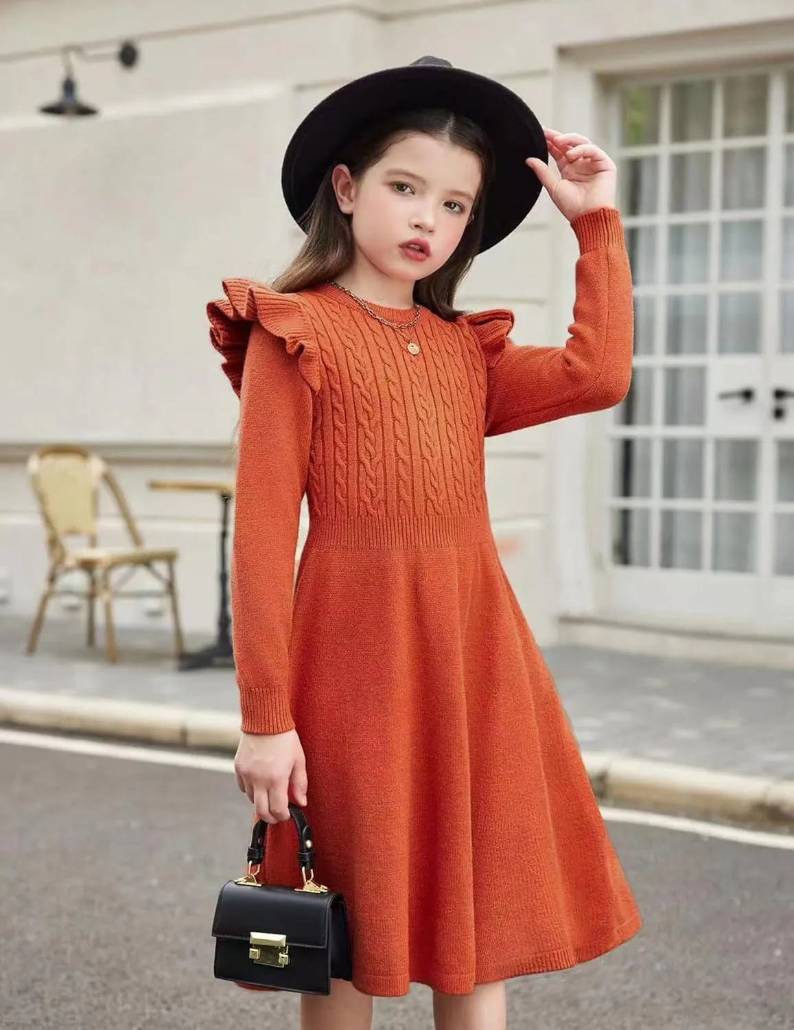Arshiner Girls Sweater Dress Fall Winter Lantern Long Sleeve Cable Midi Dresses