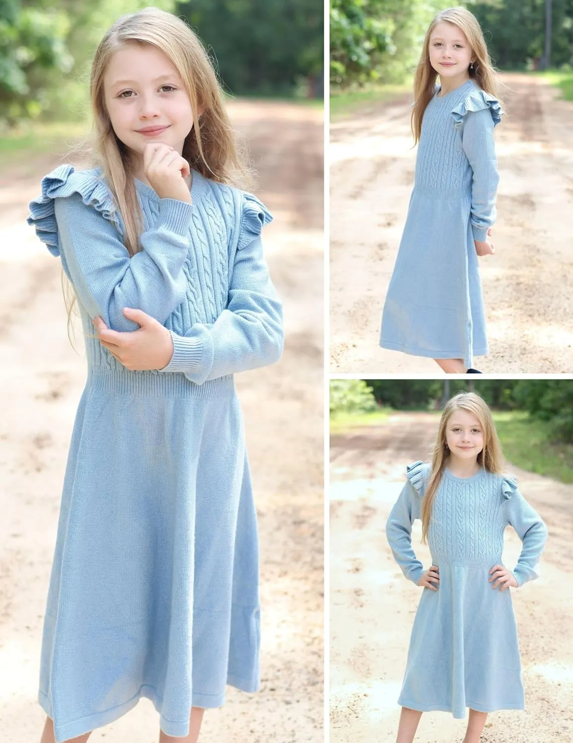 Arshiner Girls Sweater Dress Fall Winter Lantern Long Sleeve Cable Midi Dresses