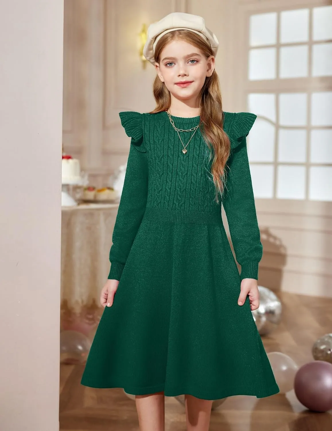 Arshiner Girls Sweater Dress Fall Winter Lantern Long Sleeve Cable Midi Dresses