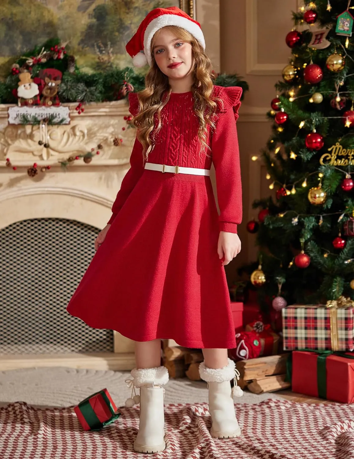 Arshiner Girls Sweater Dress Fall Winter Lantern Long Sleeve Cable Midi Dresses