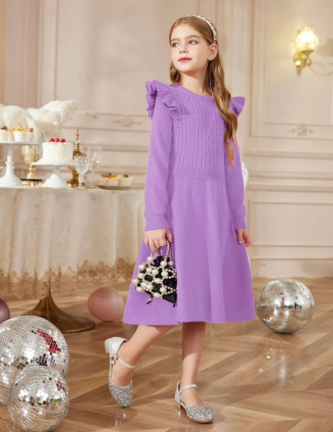 Arshiner Girls Sweater Dress Fall Winter Lantern Long Sleeve Cable Midi Dresses