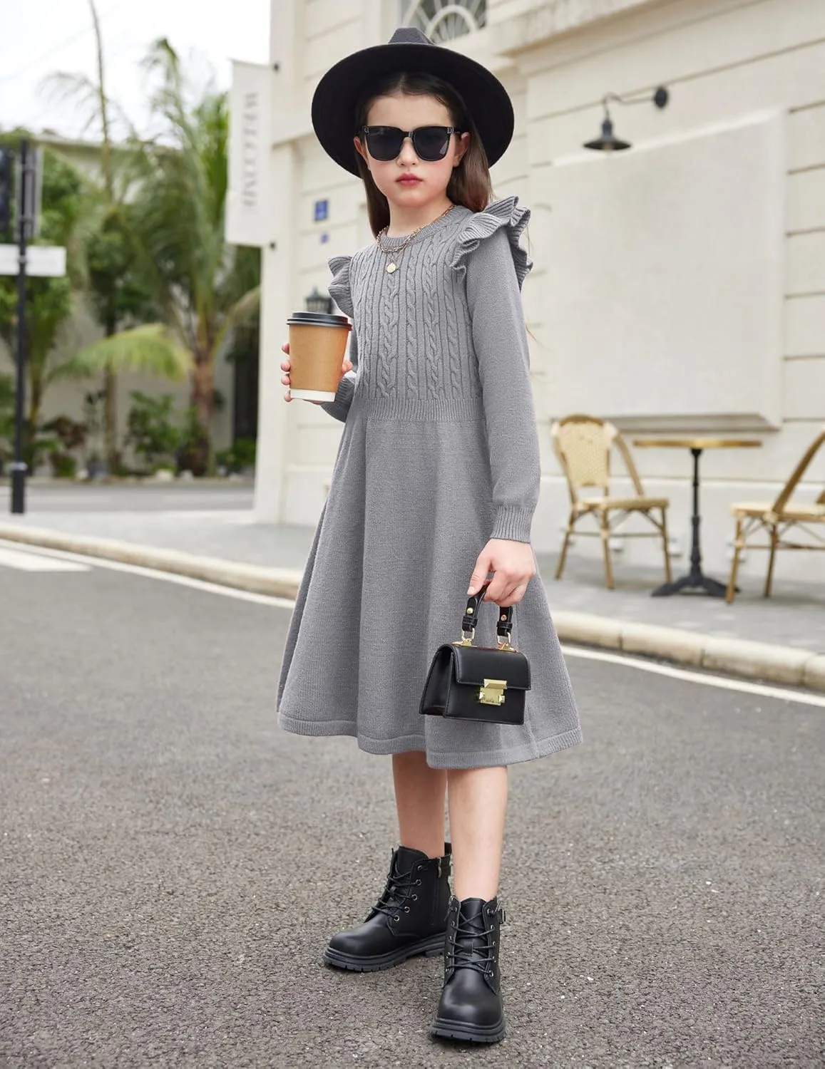 Arshiner Girls Sweater Dress Fall Winter Lantern Long Sleeve Cable Midi Dresses