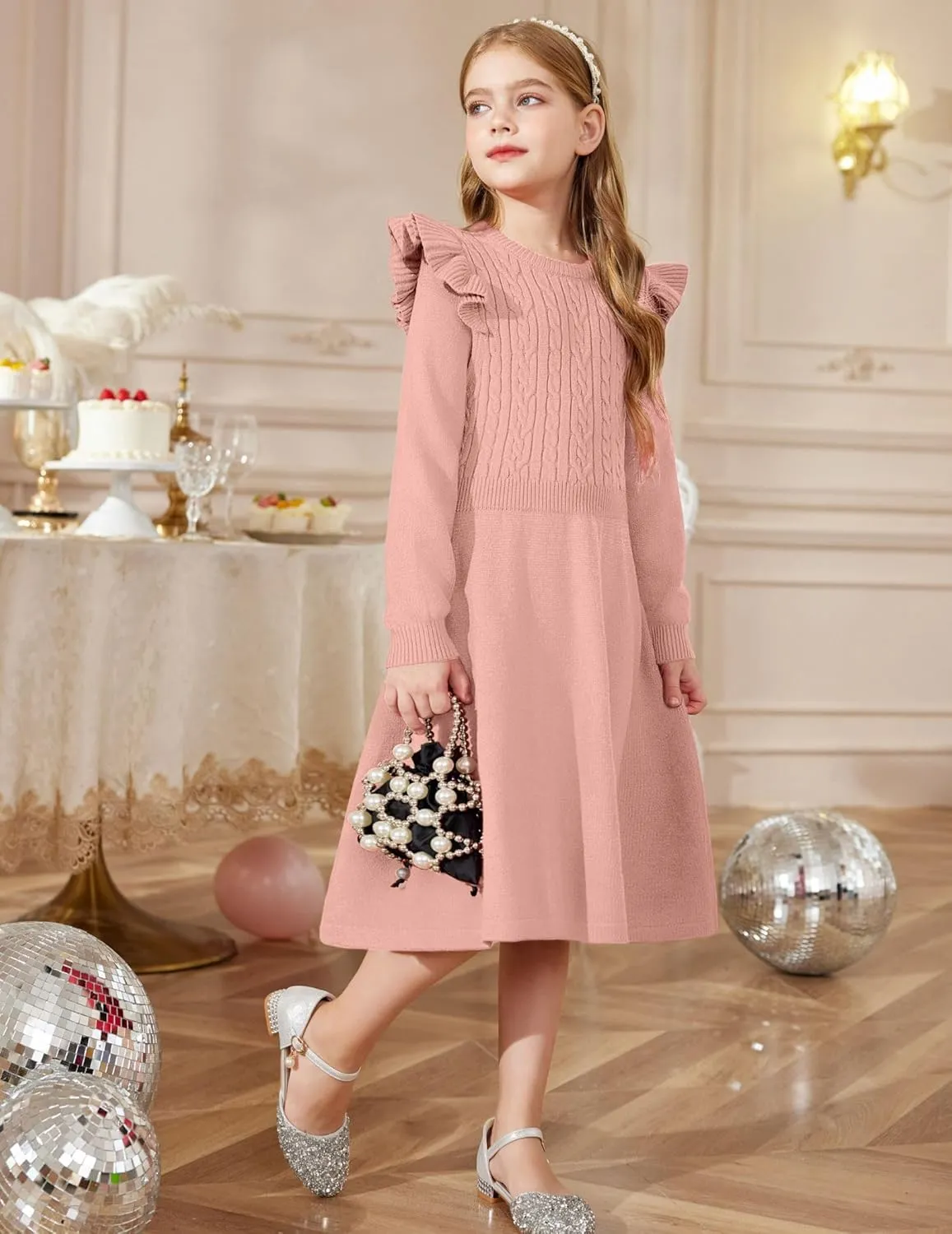 Arshiner Girls Sweater Dress Fall Winter Lantern Long Sleeve Cable Midi Dresses
