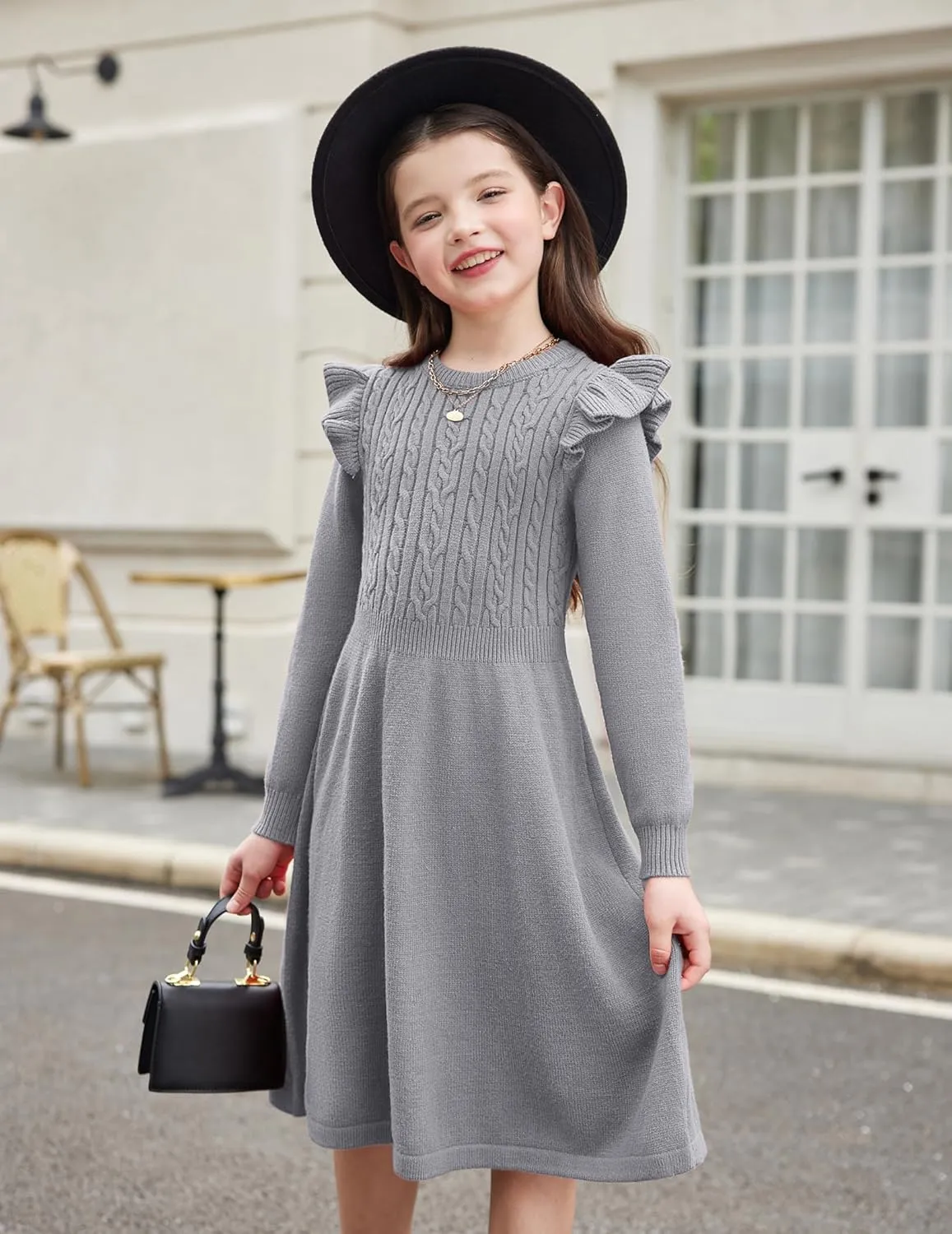 Arshiner Girls Sweater Dress Fall Winter Lantern Long Sleeve Cable Midi Dresses