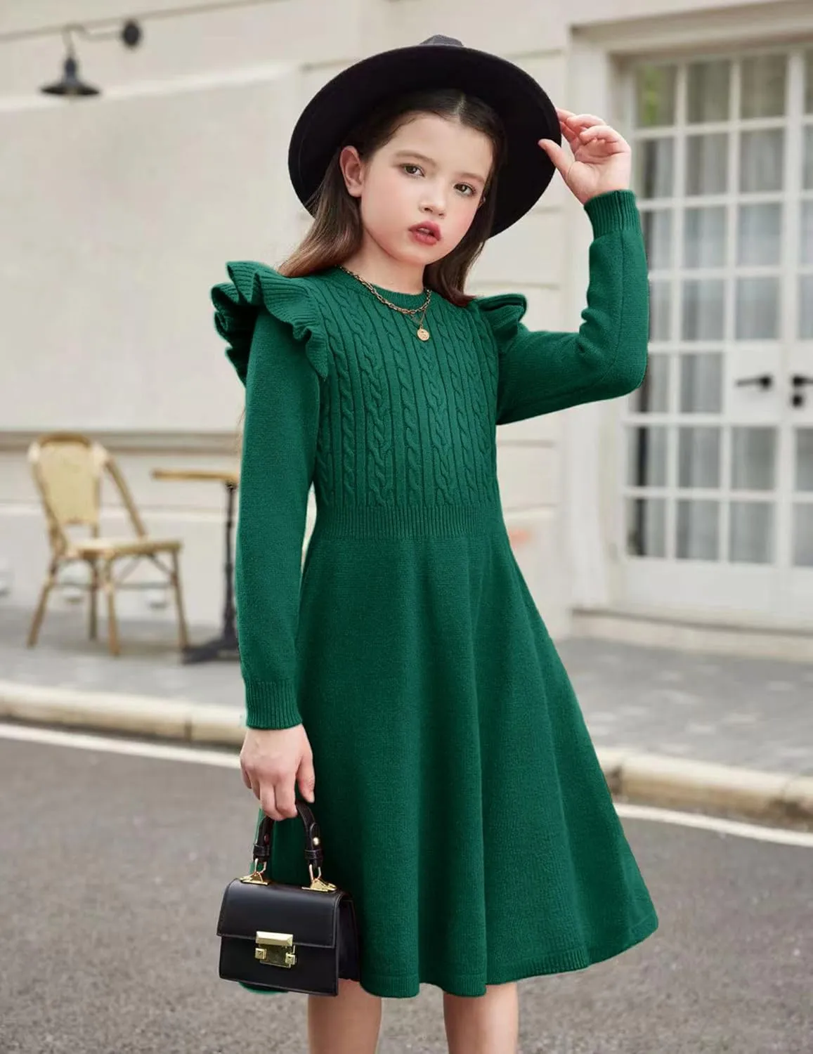 Arshiner Girls Sweater Dress Fall Winter Lantern Long Sleeve Cable Midi Dresses