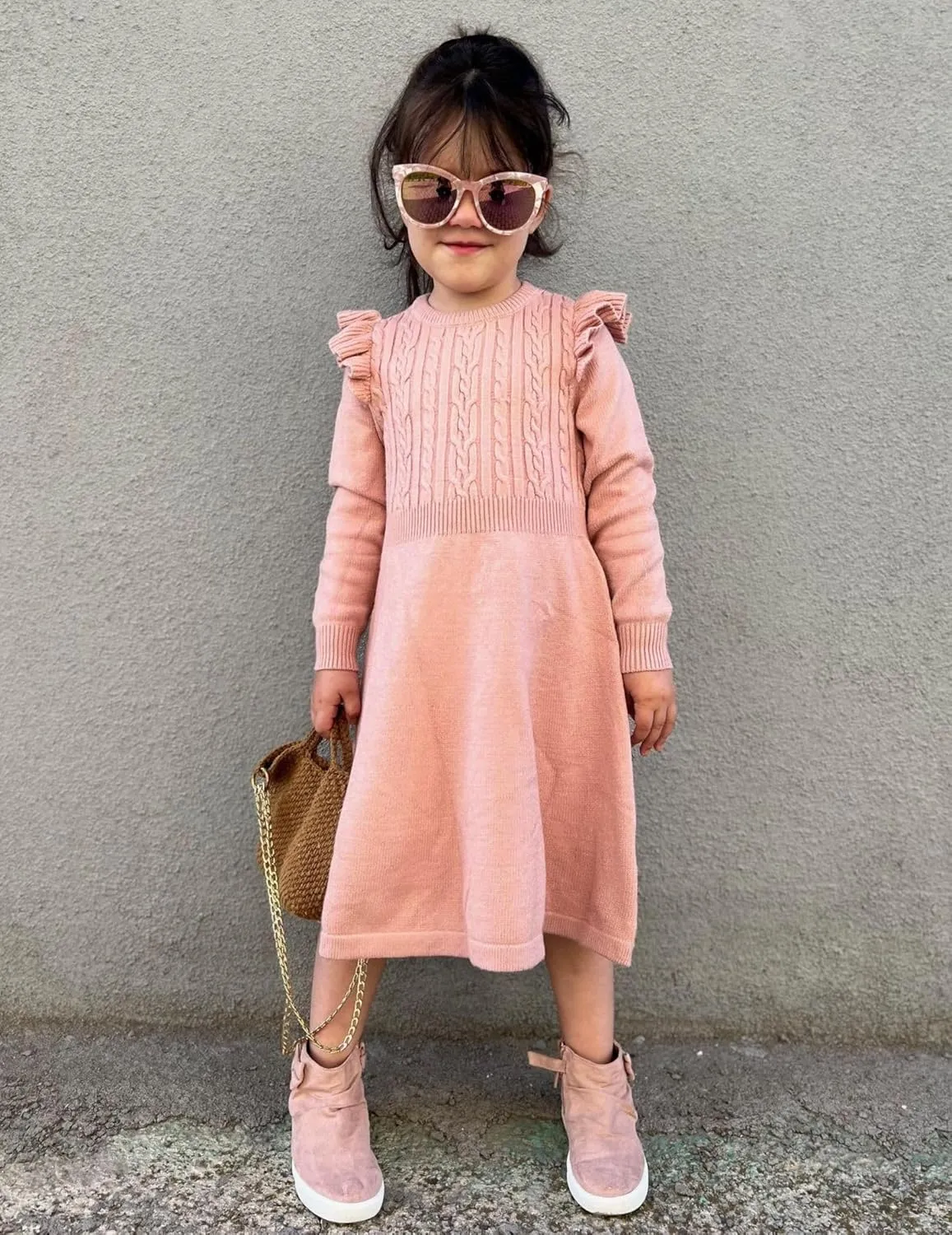 Arshiner Girls Sweater Dress Fall Winter Lantern Long Sleeve Cable Midi Dresses
