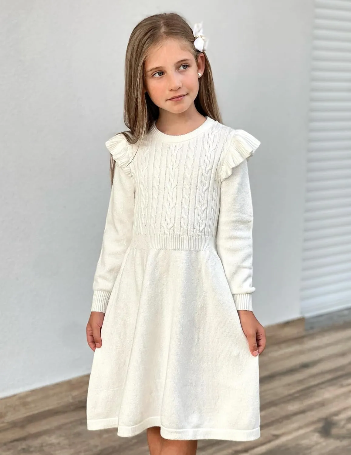 Arshiner Girls Sweater Dress Fall Winter Lantern Long Sleeve Cable Midi Dresses
