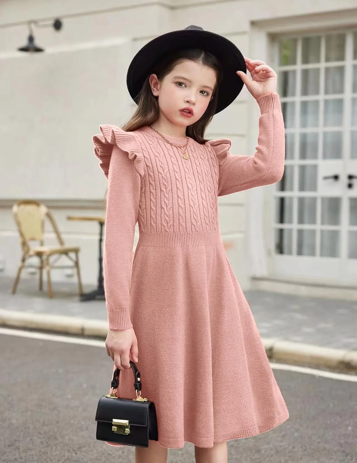 Arshiner Girls Sweater Dress Fall Winter Lantern Long Sleeve Cable Midi Dresses