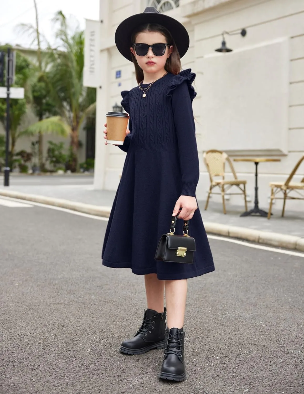 Arshiner Girls Sweater Dress Fall Winter Lantern Long Sleeve Cable Midi Dresses